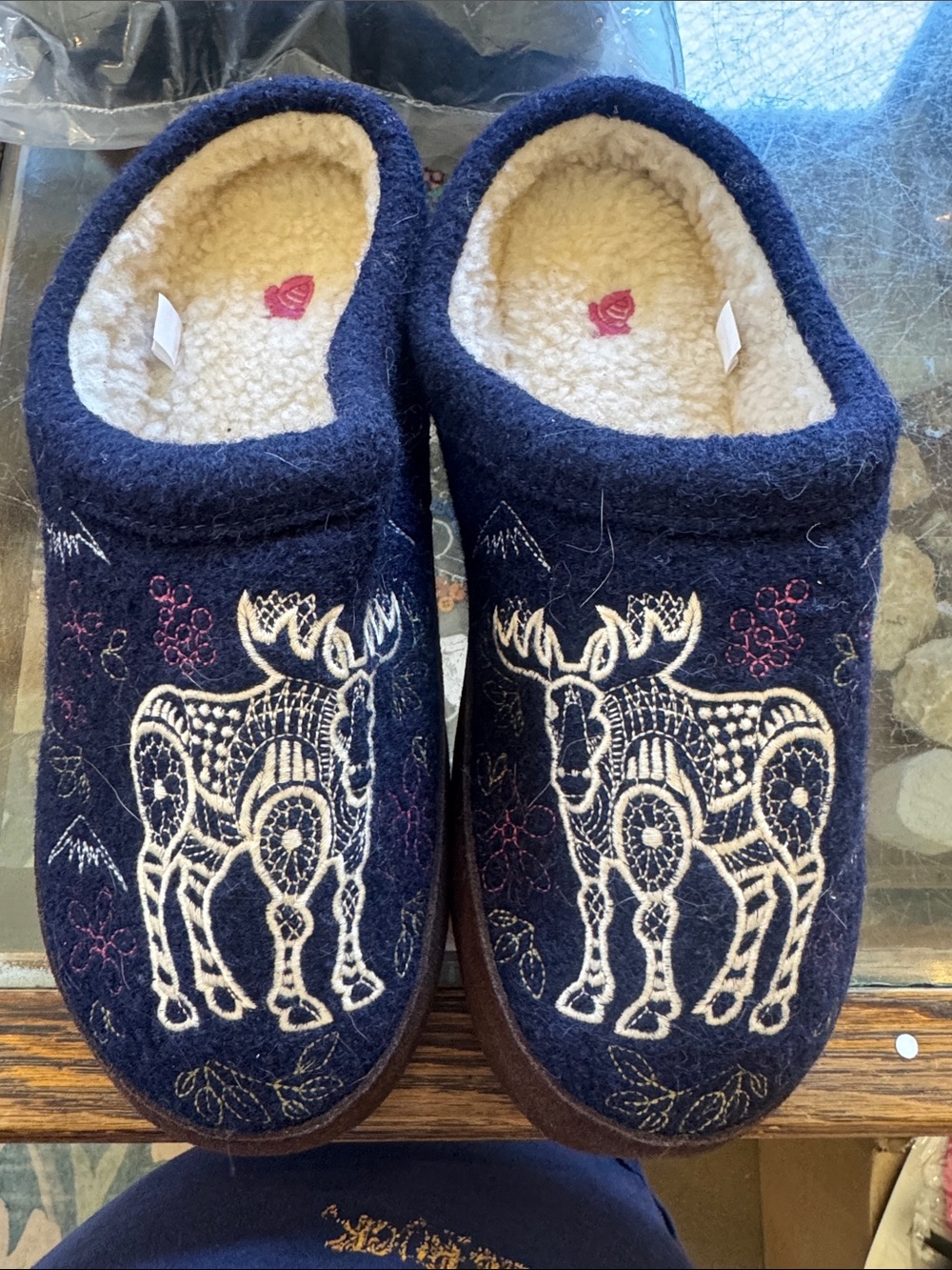 Acorn Cozy Navy Moose Slip-On Slippers